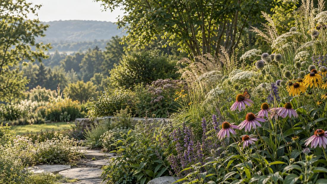 A layered New England habitat garden with coneflowers, seedheads and a monarch butterfly